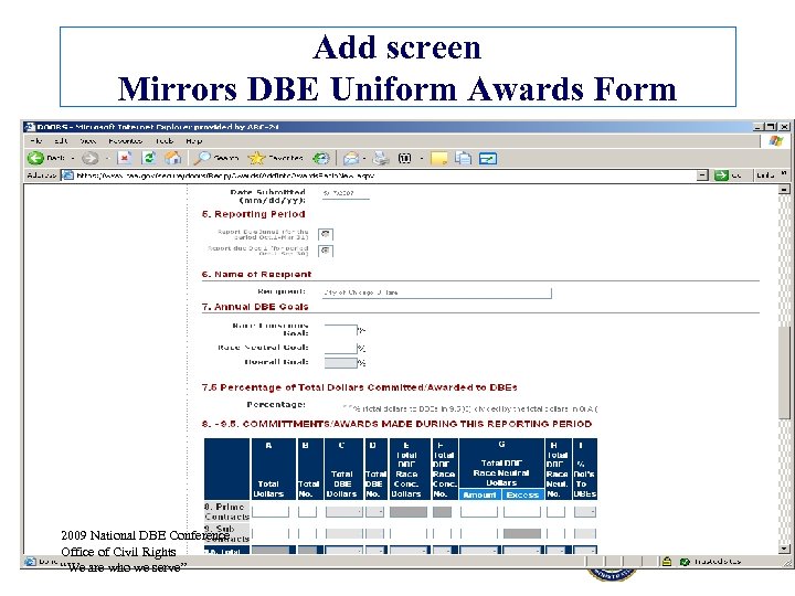 Add screen Mirrors DBE Uniform Awards Form 2009 National DBE Conference Office of Civil