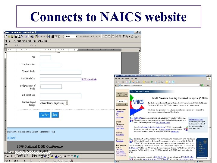 Connects to NAICS website 2009 National DBE Conference Office of Civil Rights “We are