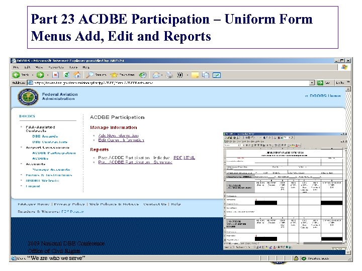 Part 23 ACDBE Participation – Uniform Form Menus Add, Edit and Reports 2009 National