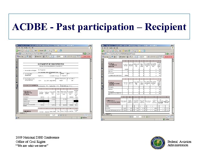 ACDBE - Past participation – Recipient 2009 National DBE Conference Office of Civil Rights