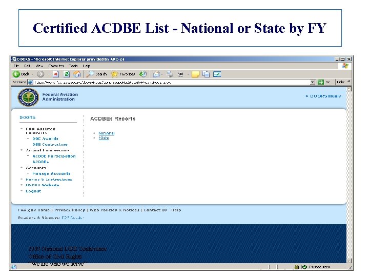 Certified ACDBE List - National or State by FY 2009 National DBE Conference Office