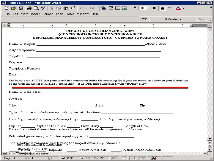 2009 National DBE Conference Office of Civil Rights “We are who we serve” Federal