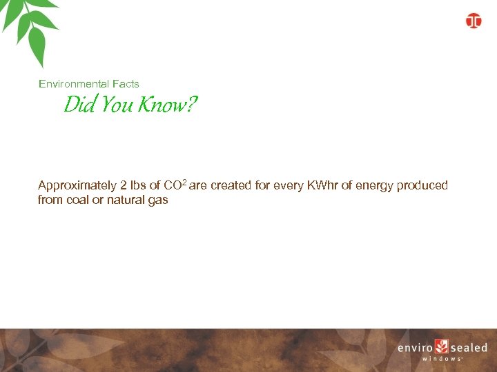Environmental Facts Did You Know? Approximately 2 lbs of CO 2 are created for