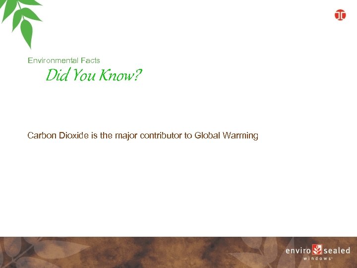 Environmental Facts Did You Know? Carbon Dioxide is the major contributor to Global Warming