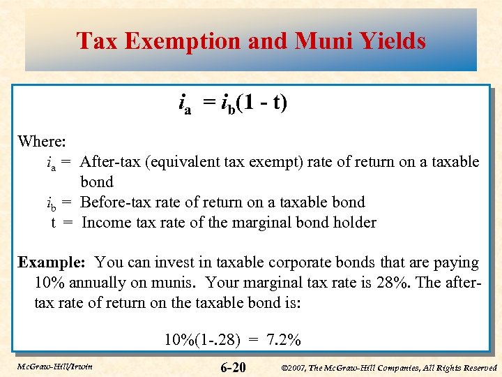 Tax Exemption and Muni Yields ia = ib(1 - t) Where: ia = After-tax