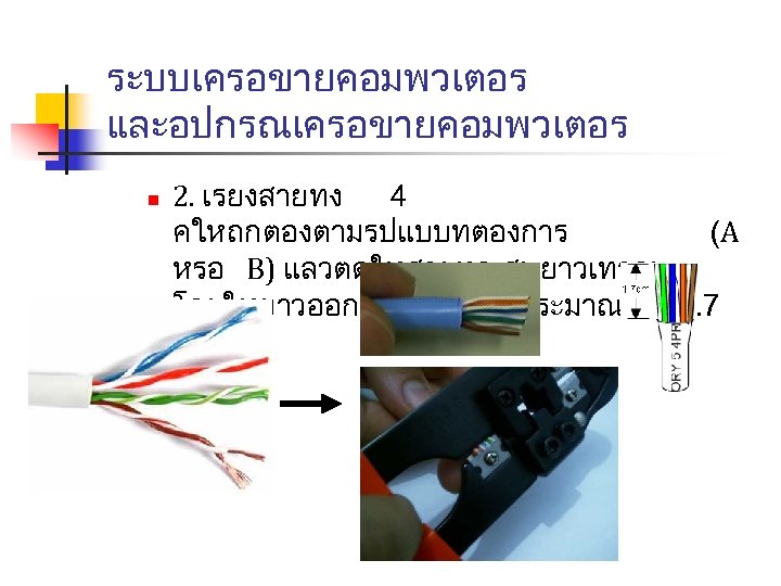 ระบบเครอขายคอมพวเตอร และอปกรณเครอขายคอมพวเตอร n 2. เรยงสายทง 4 คใหถกตองตามรปแบบทตองการ (A หรอ B) แลวตดใหสายทกเสนยาวเทากน โดยใหยาวออกจากทหมสายประมาณ 1. 7