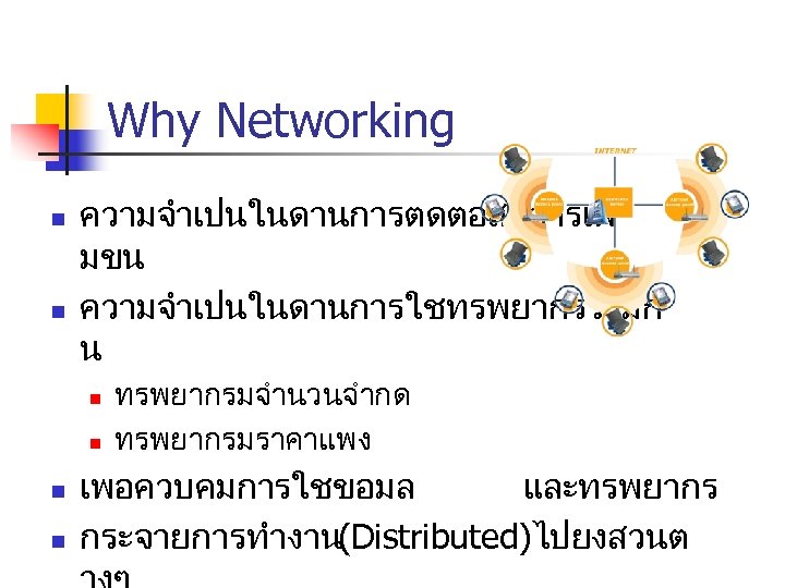 Why Networking n n ความจำเปนในดานการตดตอสอสารเพ มขน ความจำเปนในดานการใชทรพยากรรวมก น n n ทรพยากรมจำนวนจำกด ทรพยากรมราคาแพง เพอควบคมการใชขอมล และทรพยากร