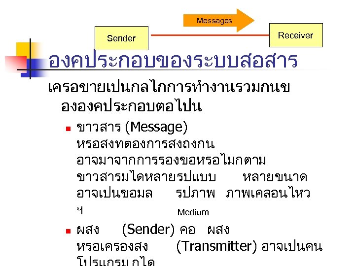 Messages Sender Receiver องคประกอบของระบบสอสาร เครอขายเปนกลไกการทำงานรวมกนข ององคประกอบตอไปน n n ขาวสาร (Message) หรอสงทตองการสงถงกน อาจมาจากการรองขอหรอไมกตาม ขาวสารมไดหลายรปแบบ หลายขนาด