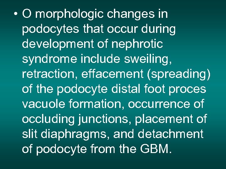  • O morphologic changes in podocytes that occur during development of nephrotic syndrome