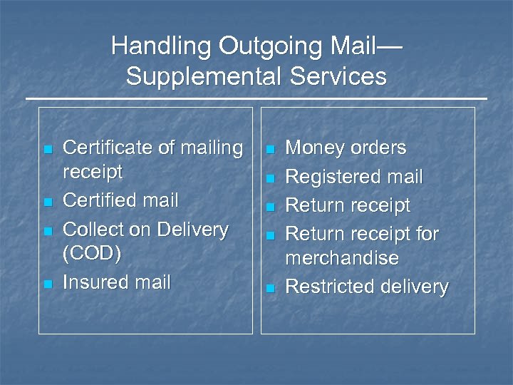 Handling Outgoing Mail— Supplemental Services n n Certificate of mailing receipt Certified mail Collect