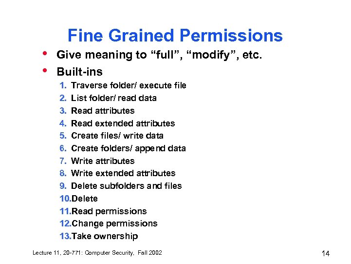  • • Fine Grained Permissions Give meaning to “full”, “modify”, etc. Built-ins 1.