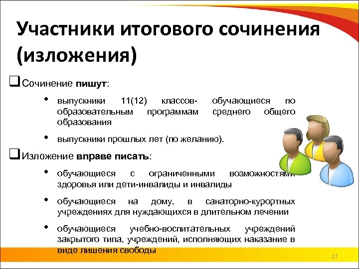 Участники итогового сочинения (изложения) q. Сочинение пишут: • выпускники 11(12) классов- образовательным программам образования