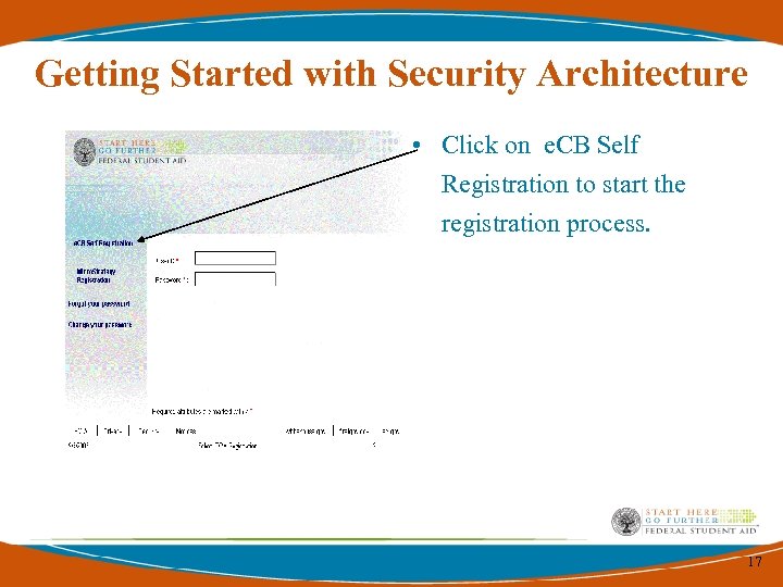 Getting Started with Security Architecture • Click on e. CB Self Registration to start