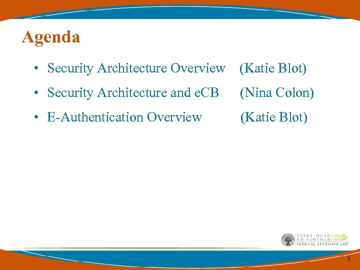 Agenda • Security Architecture Overview (Katie Blot) • Security Architecture and e. CB (Nina