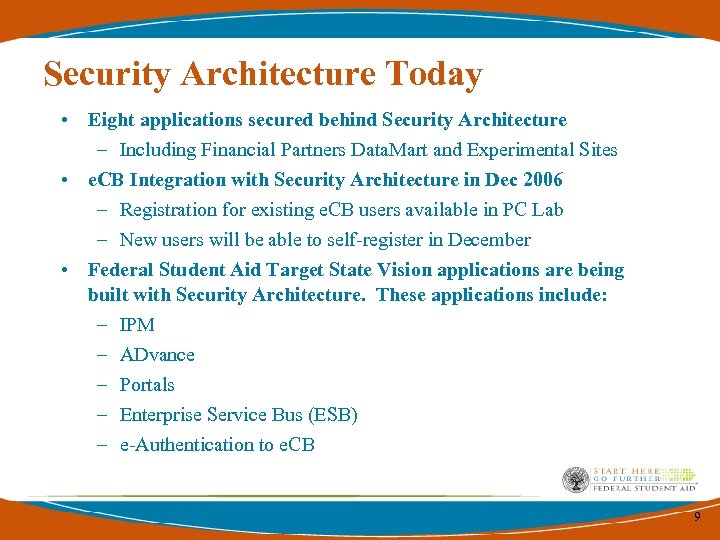 Security Architecture Today • Eight applications secured behind Security Architecture – Including Financial Partners