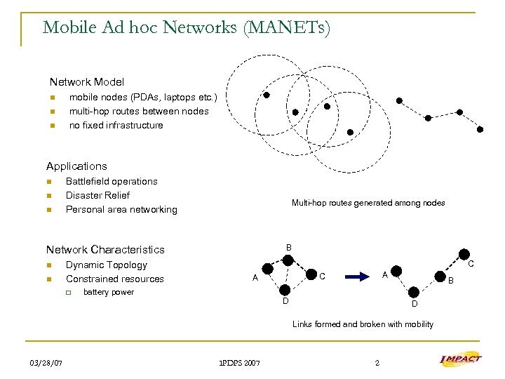 Mobile Ad hoc Networks (MANETs) Network Model n n n mobile nodes (PDAs, laptops