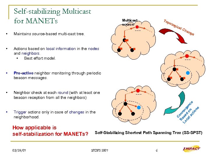 Self-stabilizing Multicast for MANETs Multicast source Neighbor check at each round (with at least