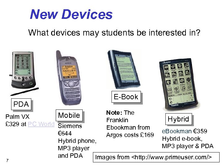 New Devices What devices may students be interested in? PDA E-Book Note: The Mobile
