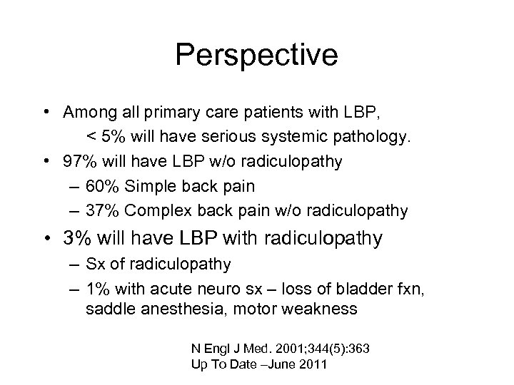 Perspective • Among all primary care patients with LBP, < 5% will have serious