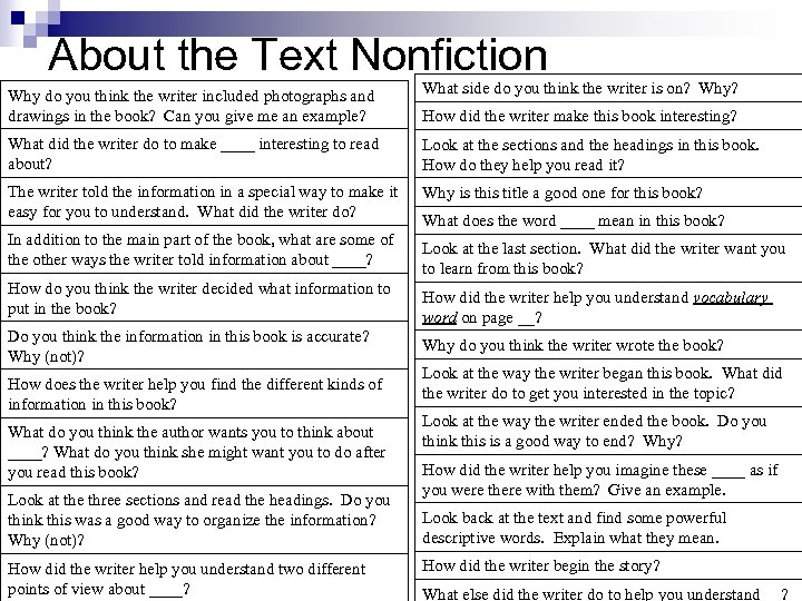 About the Text Nonfiction Why do you think the writer included photographs and drawings