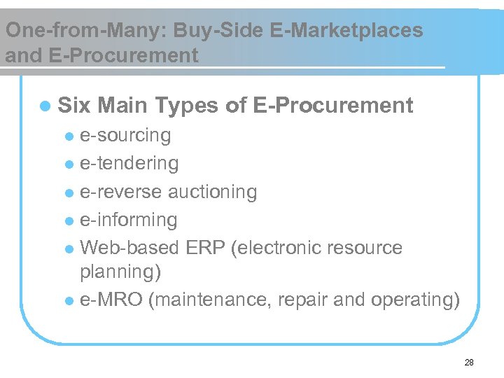 One-from-Many: Buy-Side E-Marketplaces and E-Procurement l Six Main Types of E-Procurement e-sourcing l e-tendering