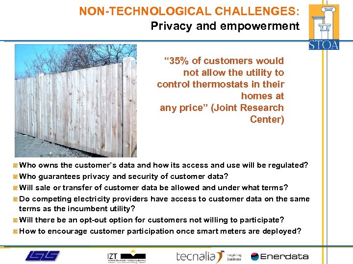 NON-TECHNOLOGICAL CHALLENGES: Privacy and empowerment “ 35% of customers would not allow the utility