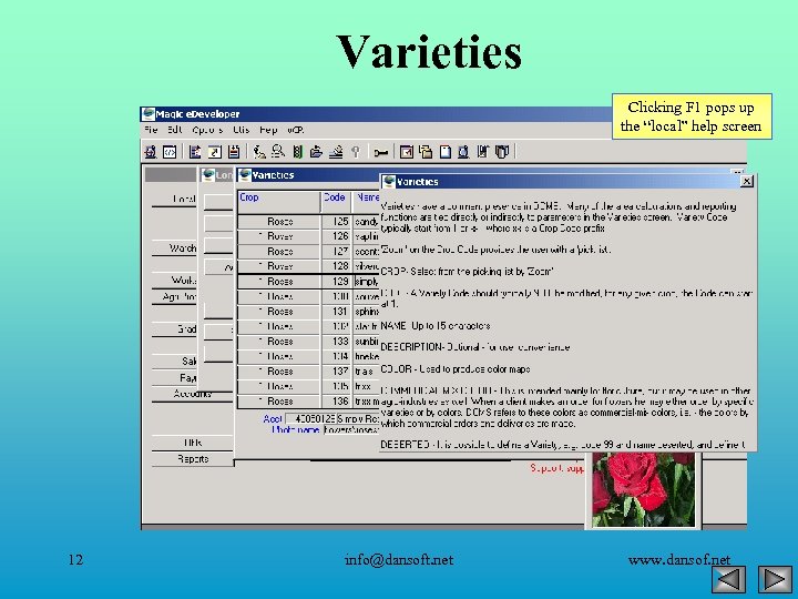 Varieties Clicking F 1 pops up the “local” help screen 12 info@dansoft. net www.