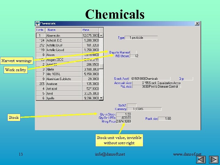 Chemicals Harvest warnings Work safety Stock unit value, invisible without user-right 13 info@dansoft. net