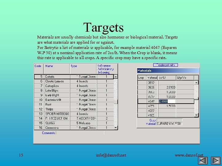Targets Materials are usually chemicals but also hormones or biological material. Targets are what