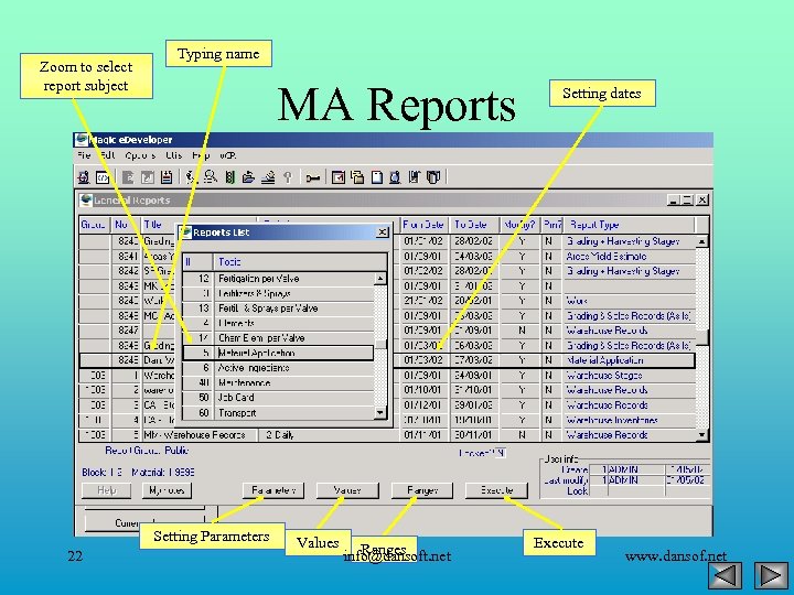 Zoom to select report subject Typing name MA Reports Setting Parameters 22 Values Ranges