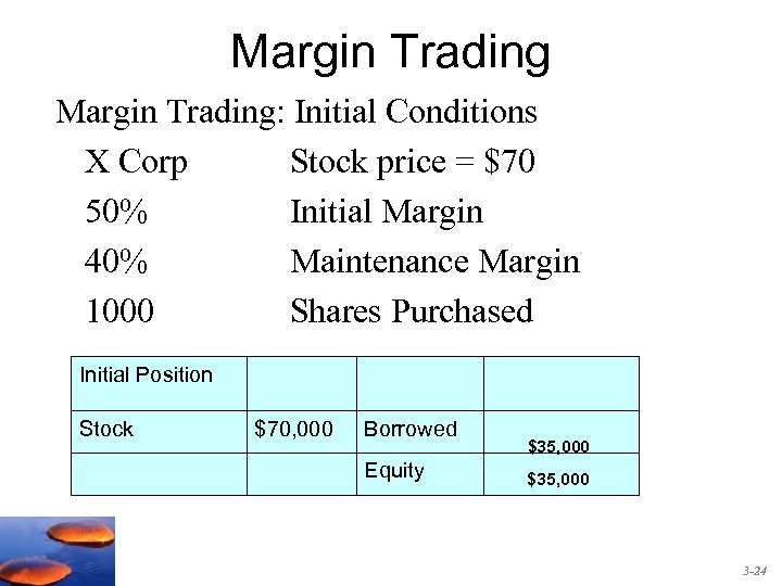 Margin Trading: Initial Conditions X Corp Stock price = $70 50% Initial Margin 40%