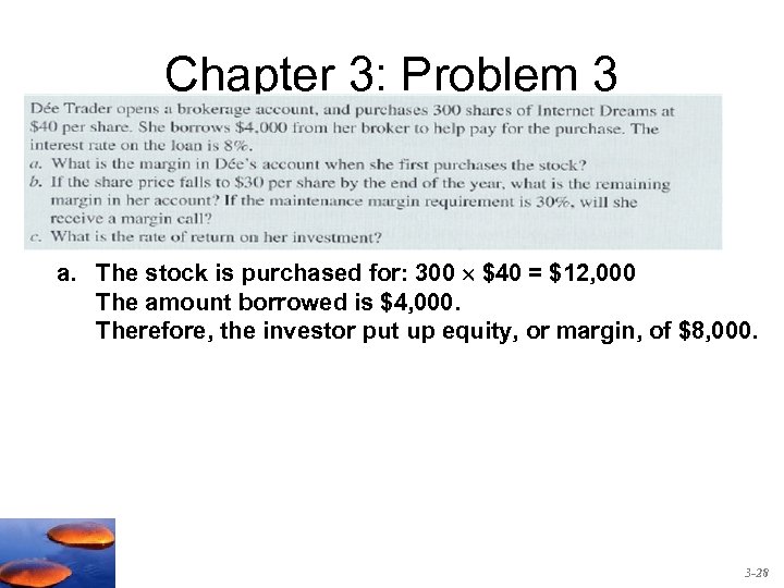 Chapter 3: Problem 3 a. The stock is purchased for: 300 $40 = $12,