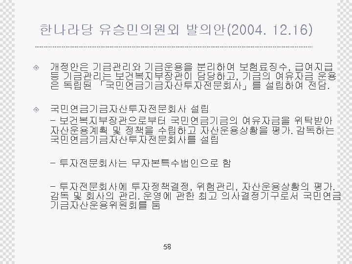 한나라당 유승민의원외 발의안(2004. 12. 16) ± 개정안은 기금관리와 기금운용을 분리하여 보험료징수, 급여지급 등 기금관리는