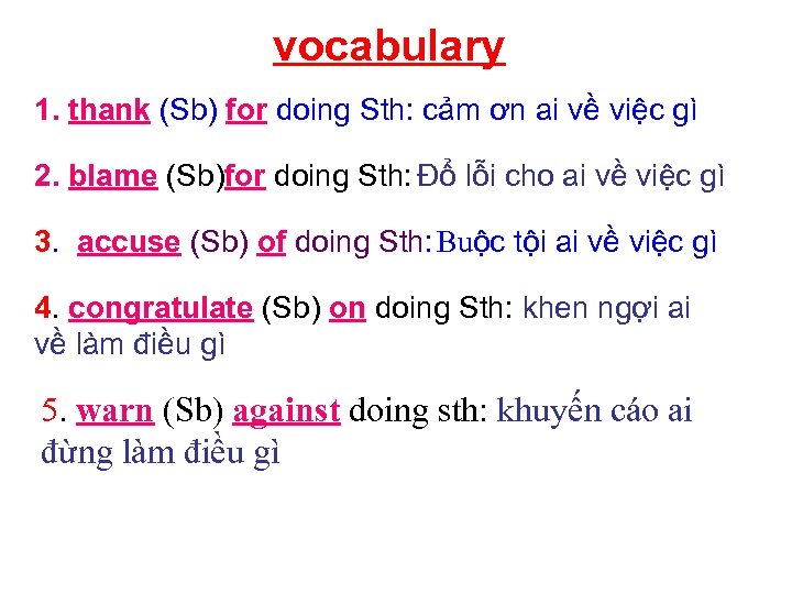 vocabulary 1. thank (Sb) for doing Sth: cảm ơn ai về việc gì 2.