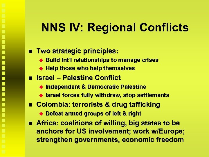 NNS IV: Regional Conflicts Two strategic principles: Israel – Palestine Conflict Independent & Democratic