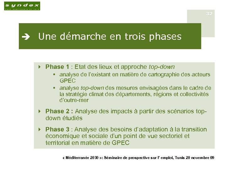 32 è Une démarche en trois phases 4 Phase 1 : Etat des lieux