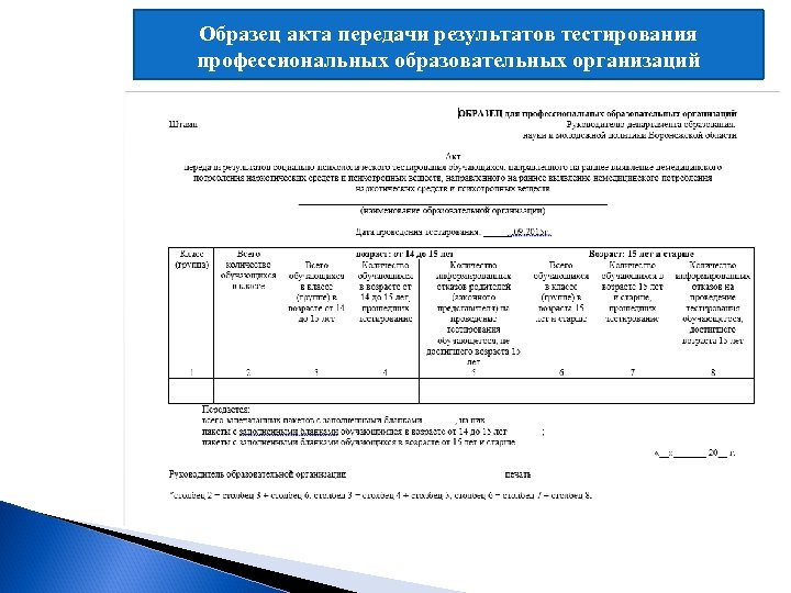 Образец акта передачи результатов тестирования профессиональных образовательных организаций 