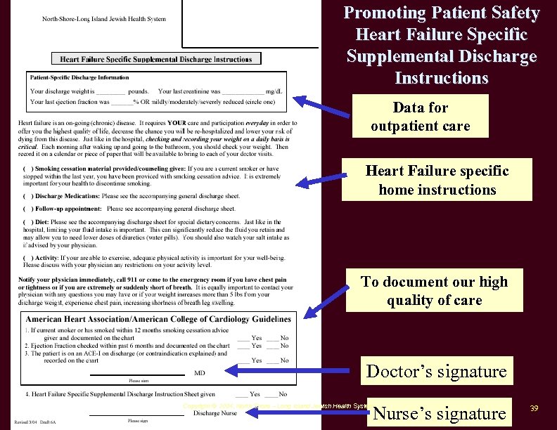 Promoting Patient Safety Heart Failure Specific Supplemental Discharge Instructions Data for outpatient care Heart