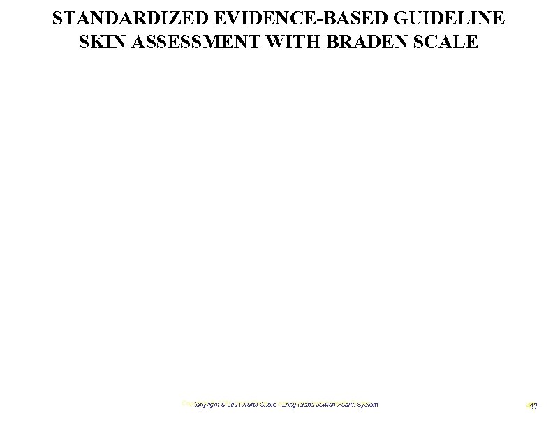 STANDARDIZED EVIDENCE-BASED GUIDELINE SKIN ASSESSMENT WITH BRADEN SCALE Copyright © 2004, North Shore –