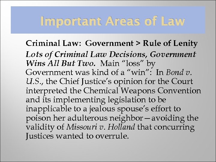 Important Areas of Law Criminal Law: Government > Rule of Lenity Lots of Criminal