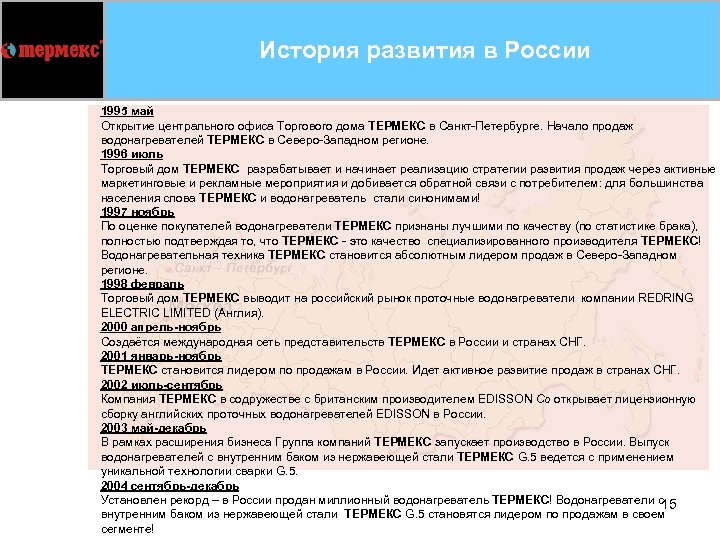 История развития в России 1995 май Открытие центрального офиса Торгового дома ТЕРМЕКС в Санкт-Петербурге.