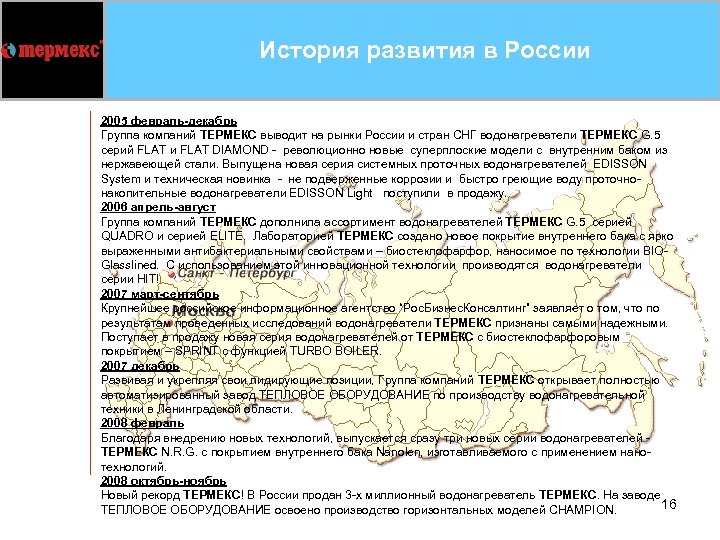 История развития в России 2005 февраль-декабрь Группа компаний ТЕРМЕКС выводит на рынки России и