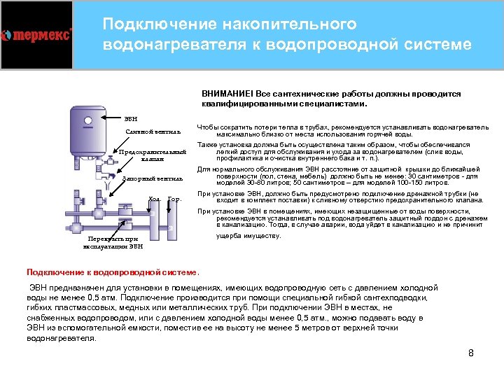 Подключение накопительного водонагревателя к водопроводной системе ВНИМАНИЕ! Все сантехнические работы должны проводится квалифицированными специалистами.