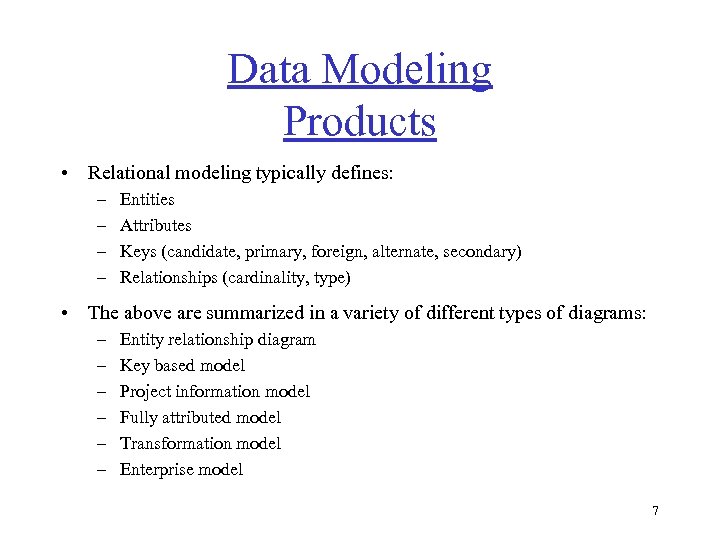 Data Modeling Products • Relational modeling typically defines: – – Entities Attributes Keys (candidate,
