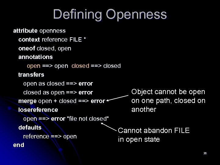 Defining Openness attribute openness context reference FILE * oneof closed, open annotations open ==>