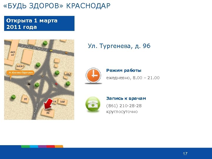  «БУДЬ ЗДОРОВ» КРАСНОДАР Открыта 1 марта 2011 года Ул. Тургенева, д. 96 Режим