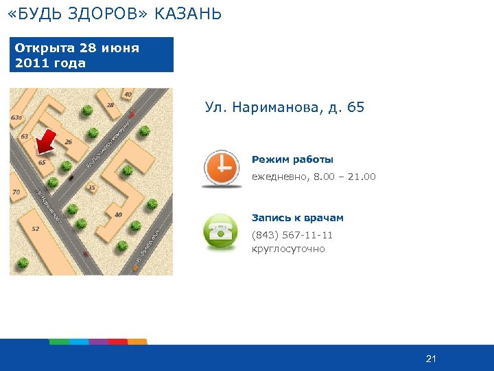  «БУДЬ ЗДОРОВ» КАЗАНЬ Открыта 28 июня 2011 года Ул. Нариманова, д. 65 Режим