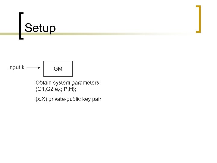 Setup Input k GM Obtain system parameters: {G 1, G 2, e, q, P,