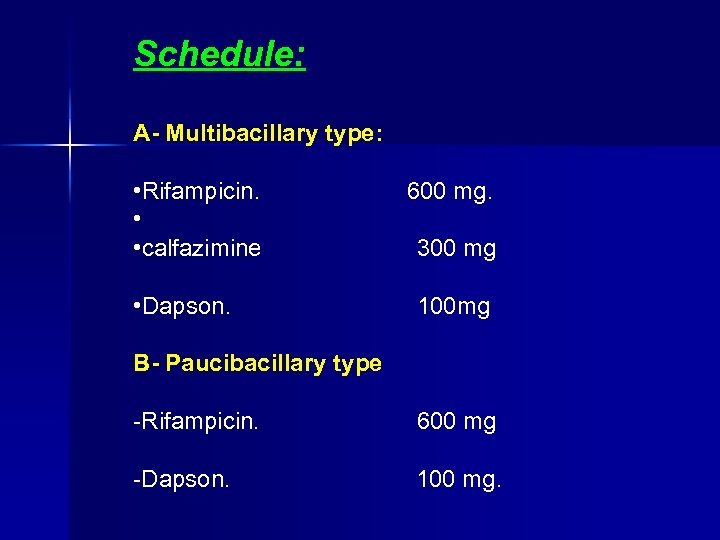Schedule: A Multibacillary type: • Rifampicin. • • calfazimine • Dapson. 600 mg. 300