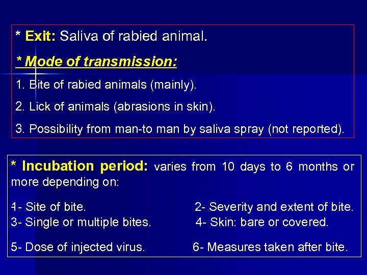 * Exit: Saliva of rabied animal. * Mode of transmission: 1. Bite of rabied